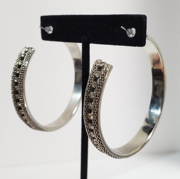 Silvertone large mesh and rhinestones inlay hoop bangle earrings 2" - Picture 5 of 10